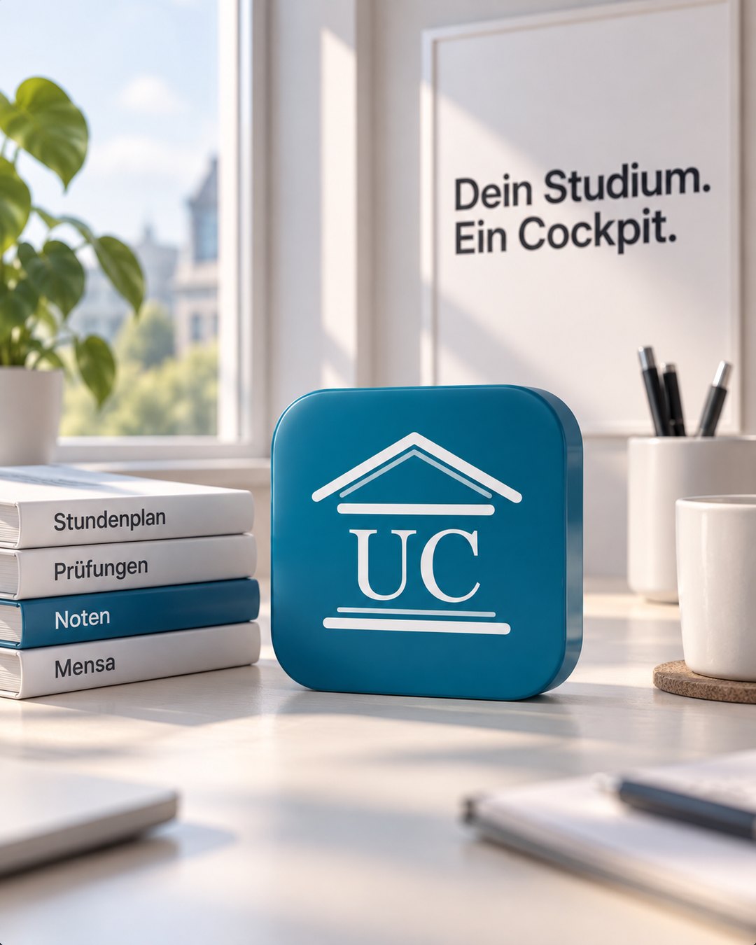 Das App-Symbol von UniCockpit auf einem Schreibtisch neben Büchern zu Stundenplan, Prüfungen, Noten und Mensa