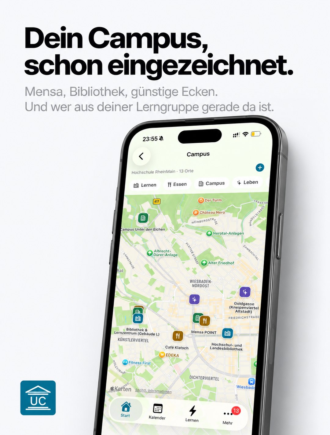 Die Campus-Karte in UniCockpit mit Mensa, Bibliothek und eigenen Orten der Hochschule