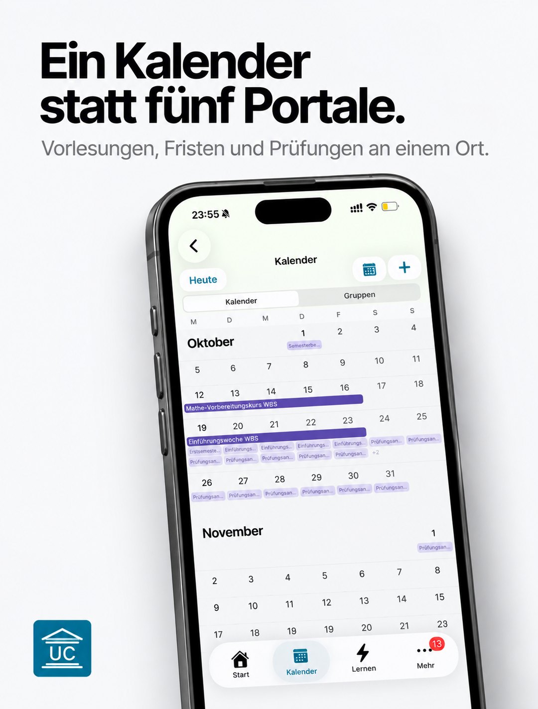 Der Semesterkalender in UniCockpit mit Vorlesungen, Fristen und Prüfungen an einem Ort