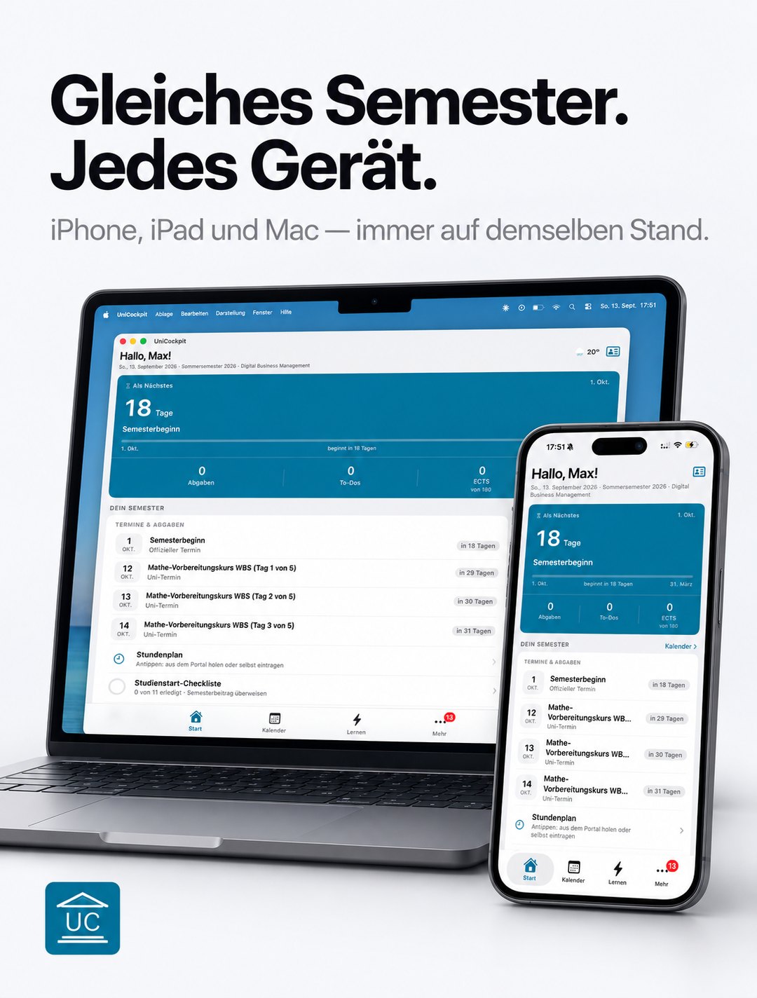 UniCockpit auf Mac, iPad und iPhone mit demselben Semesterstand
