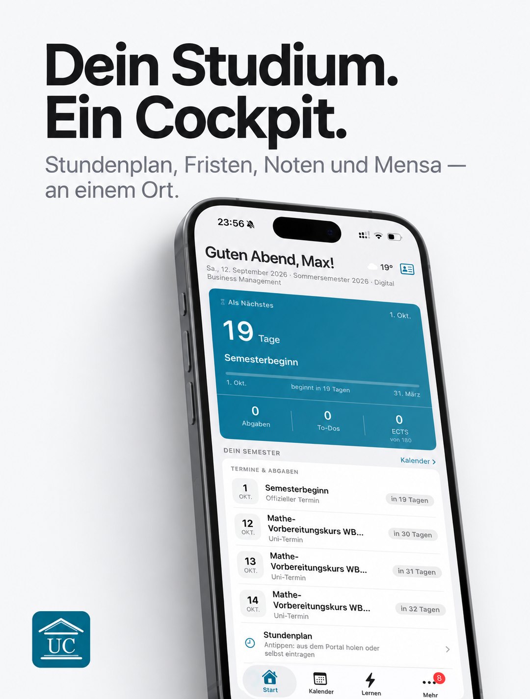 Die Startseite von UniCockpit auf dem iPhone: Countdown bis zum Semesterbeginn, Termine und Abgaben auf einen Blick
