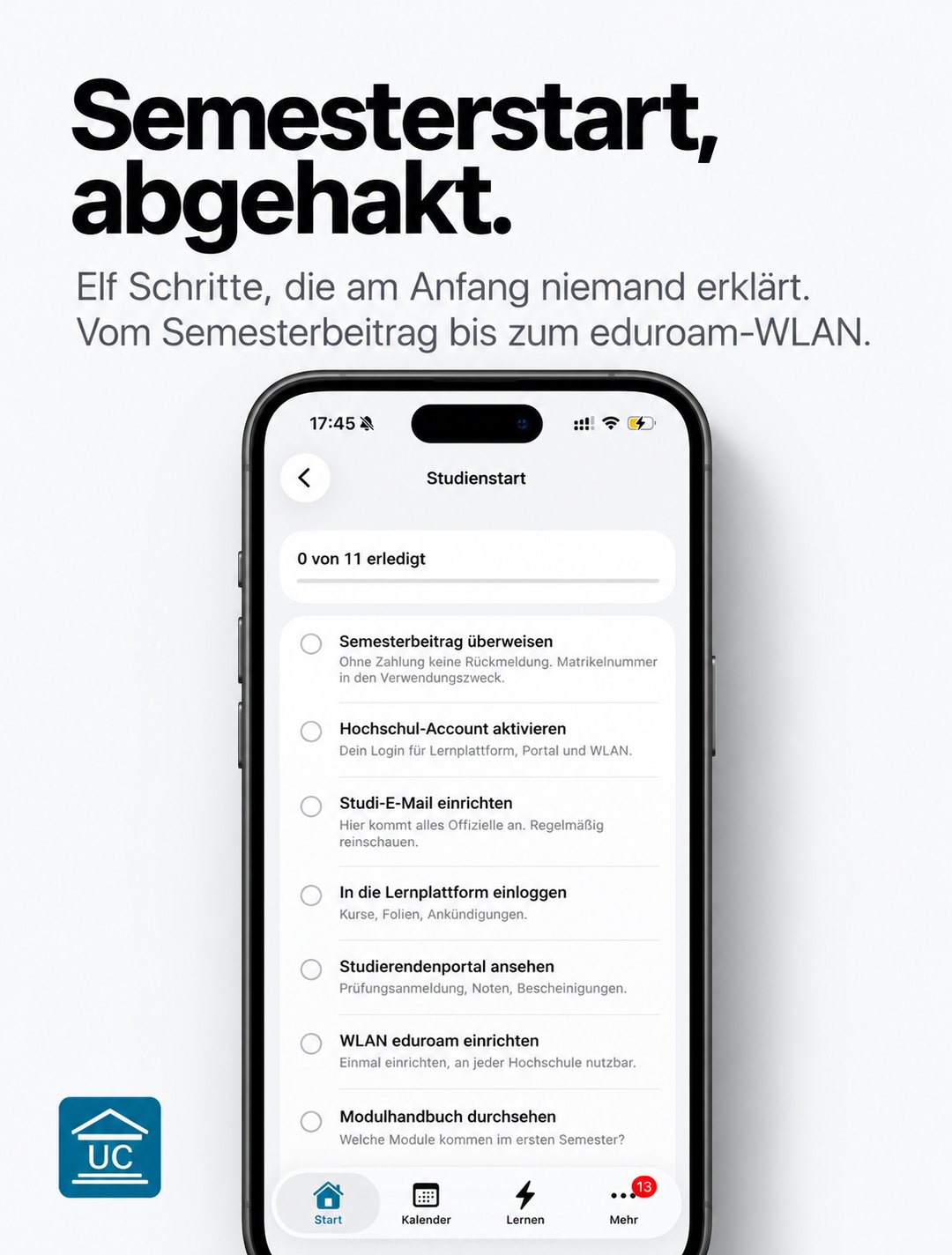 Die Studienstart-Checkliste in UniCockpit mit elf Schritten vom Semesterbeitrag bis zum eduroam-WLAN
